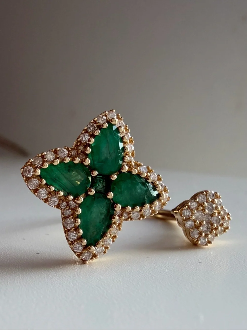 14K yellow gold Clover open ring .4ct diamond 1.4ct emerald